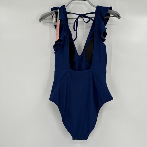 Quince Women's Italian Ruffle Shoulder One-Piece Swimsuit sz 4 S Navy Blue NWT - Picture 6 of 8